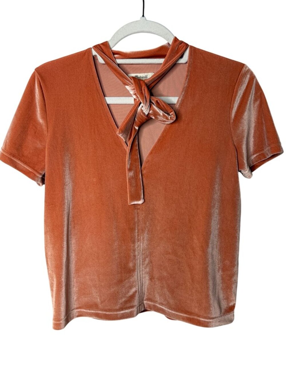 Madewell XS Rust Orange Velvet Tie Neck Short Sleeve Top